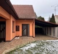 Family house in Dubovce, orange facade, sloped roof, carport, yard.