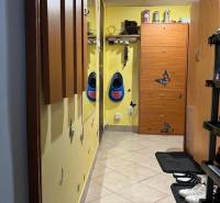 A narrow entrance area in a one-room apartment with coat racks and shoe cabinets.