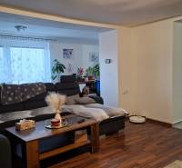 Living room in a family house with a dark sofa, wood-patterned flooring, and decorations.