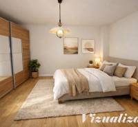 Bedroom in a family house with a bed, wardrobe, and floor with wooden decor.