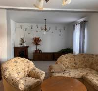 Living room in a family house, with a floral armchair, ornaments, and a fireplace.