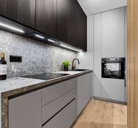 A kitchen with a stone countertop, black cabinets, and a wooden decor floor in a 2-room apartment.