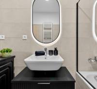 A bathroom in a 2-room apartment with a sink, mirror, and bathtub, simple elegant design.