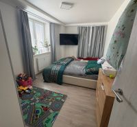 Children's room with a carpet, bed, TV, and floor with wooden decor in a two-room apartment.