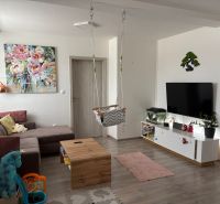 Living room in a two-room apartment with a play corner and a floor with a wooden decor.