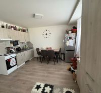 A kitchen in a 2-room apartment with a dining table, floor with wood decor.