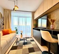 Living room in a one-bedroom apartment with a sofa, table, and wooden decor flooring.