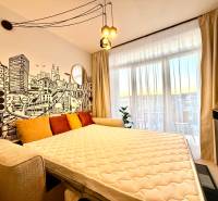 Interior of a 1-room apartment with a creative wall, sofa, and balcony illuminated by natural light.