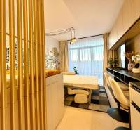 A studio apartment with wood-patterned flooring, a pull-out bed, and a wall design.