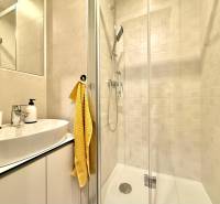 Bathroom in a studio apartment with a white sink, shower stall, and yellow towel.