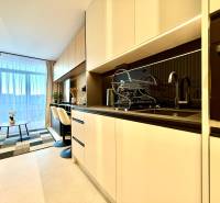 A kitchen in a studio apartment with a dining table, shelves, and a view through a large window.