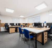 Offices with wood-patterned flooring, work desks, and blue chairs.