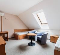 A room with simple furnishings, two beds, a chair, and a skylight in the offices.