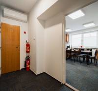 Office interior with air conditioning and wooden desk, gray carpet, fire equipment.