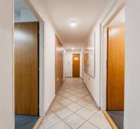 The hallway of an office with light-colored walls and tiles, wooden doors on the sides.