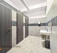 Commercial spaces with sinks and dark doors, floor with wood decor.