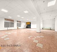 Spacious commercial spaces with large windows, gray ceiling, and a sofa.