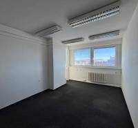 Offices with large windows and carpeted floors.