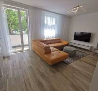Living room in a two-room apartment with a wooden decor floor and an orange sofa.