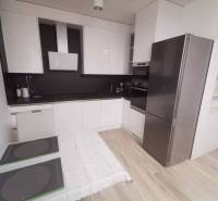 A kitchen in a 2-room apartment with a wooden decor floor and modern equipment.