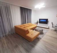 Living room in a two-room apartment with an orange sofa and a wooden decor floor.