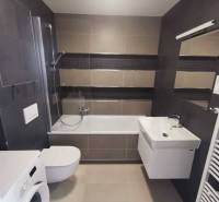 Bathroom with a bathtub, sink, toilet, and washing machine in a 2-room apartment.