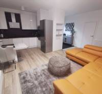 Living room connected to the kitchen in a two-room apartment, wooden decor flooring, orange sofa.