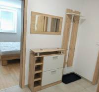 Hallway in a 3-room apartment with a coat rack, mirror, and cabinet, leading to the bedroom.