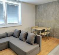 Gray sofa and dining area on a wooden decor floor in a 3-room apartment.