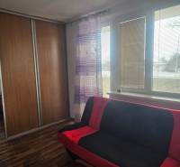 Studio apartment with wood-patterned flooring, a sofa, and a large window with blinds.