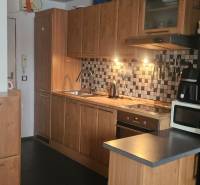 A kitchen in a studio apartment with wooden cabinets, tiled backsplash, appliances, and a white wall.