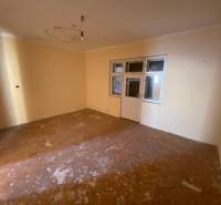 A room with windows, doors, light-colored walls, and a wooden-patterned floor in a family house.