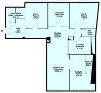 The floor plan of a 4-room apartment includes a living room, bedrooms, a kitchen, a bathroom, and a study.