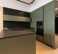 A kitchen with green cabinets, a black countertop, and appliances in a 2-room apartment.