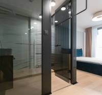Modern interior of a 2-room apartment with a glass-walled bathroom and a wooden decor floor.