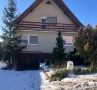 A family house on the street in Rudník, a snowy garden with conifers in the foreground.