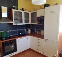 A kitchen unit with an extractor hood and cabinets in a family house.