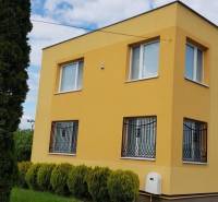 A family house in Stretavka with a striking yellow facade, surrounded by greenery and tall trees.