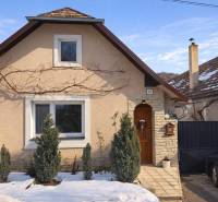 A family house in Sudince with coniferous trees in front of the entrance, a snowy scene.