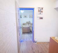 A hallway with a wood-patterned floor in a family house, leading to the living room.