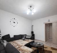 Living room in a family house with a decorated tree and a comfortable dark sofa.