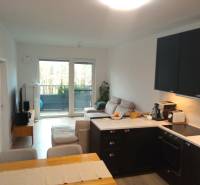 Interior of a 2-room apartment with a kitchen, sofa, and balcony, floor with wood decor.