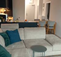 Living room in a two-room apartment with a kitchenette, sofa, and dining table.