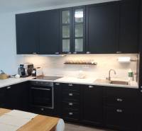 The kitchen in a 2-room apartment with dark cabinets and a wooden table decor.