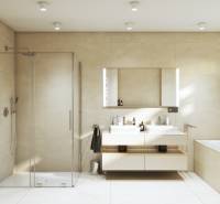 Bathroom in a family house on Špačince street with a shower, double sink, and bathtub.