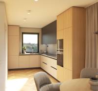 A kitchen with wooden cabinets and a window, on Špačince street in a family house.