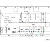 Floor plan of a family house with a living room, kitchen, bathroom, and terrace on Veselé Street.