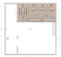Design of production spaces with offices and a meeting room. Floor with wood decor.