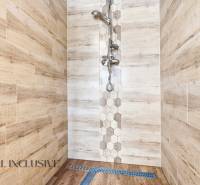 A shower enclosure in a family house with wood decor tiles and hexagonal details.