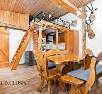 The interior of a family house with wooden furniture, a ladder, and hunting trophies on the walls.